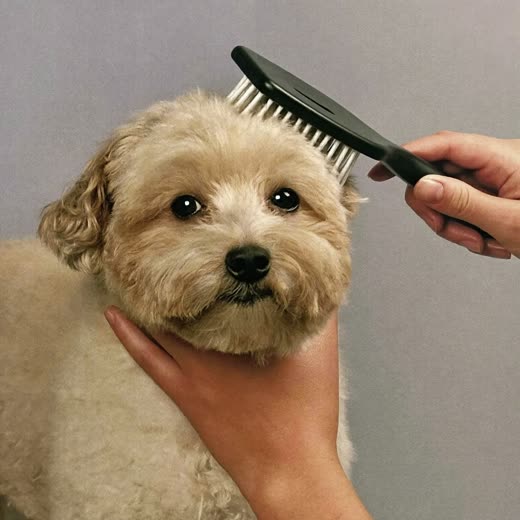 A fluffy dog being brushed out after drying